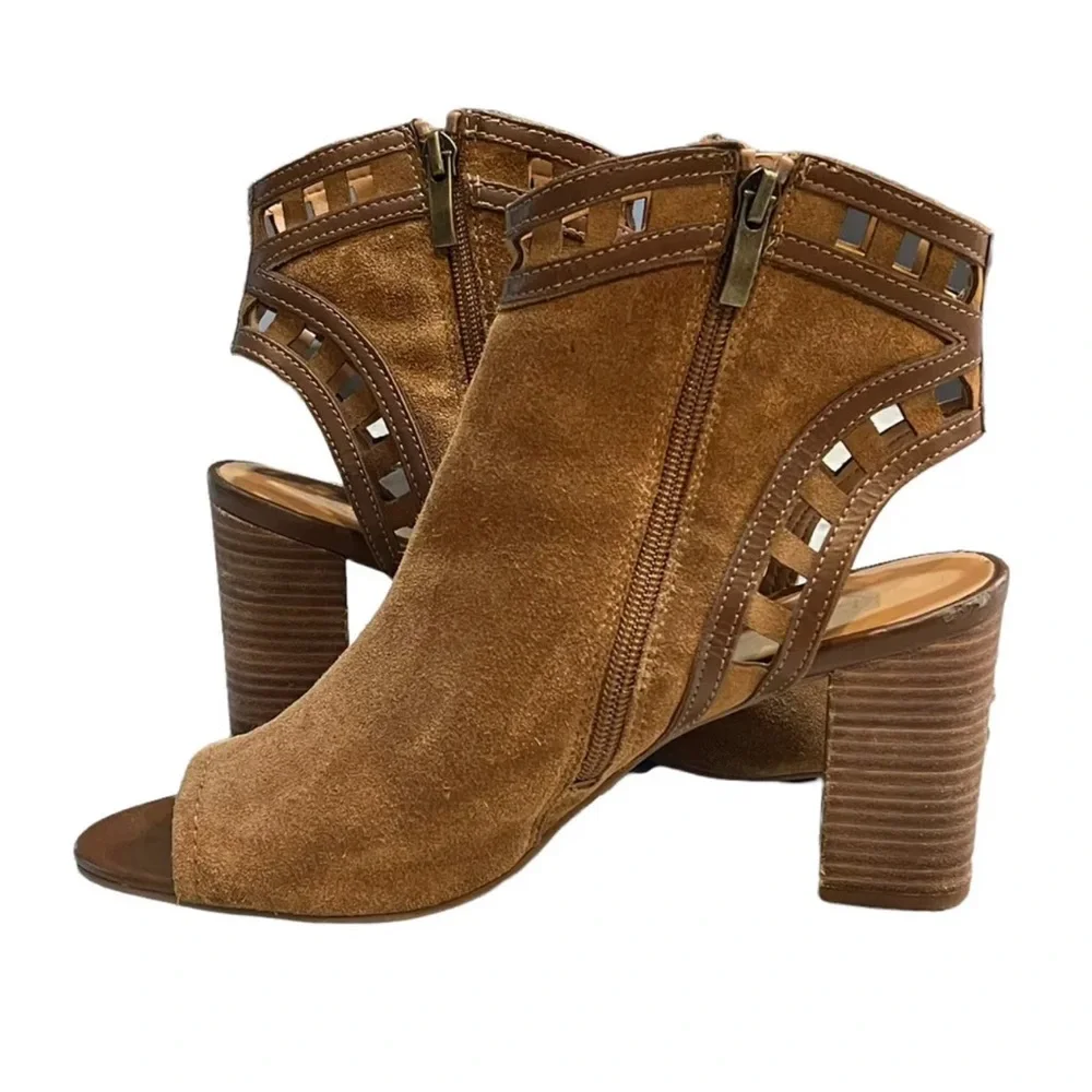 Franco Sarto 9.5 Greenwich Cognac Heeled Ankle Boots Booties Open Back Peep Toe - Picture 3 of 12
